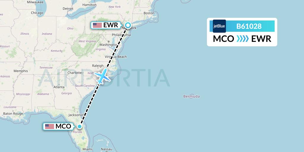 B61028 JetBlue Airways Flight Map: Orlando to New York