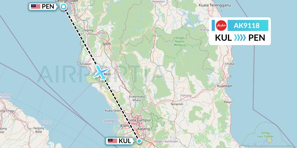 AK9118 AirAsia Flight Map: Kuala Lumpur to Penang
