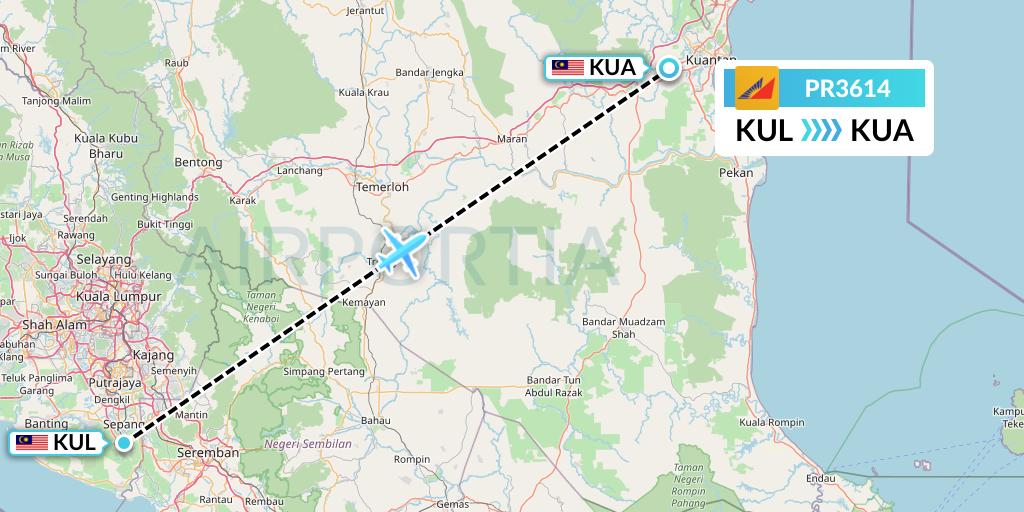 PR3614 Philippine Airlines Flight Map: Kuala Lumpur to Kuantan