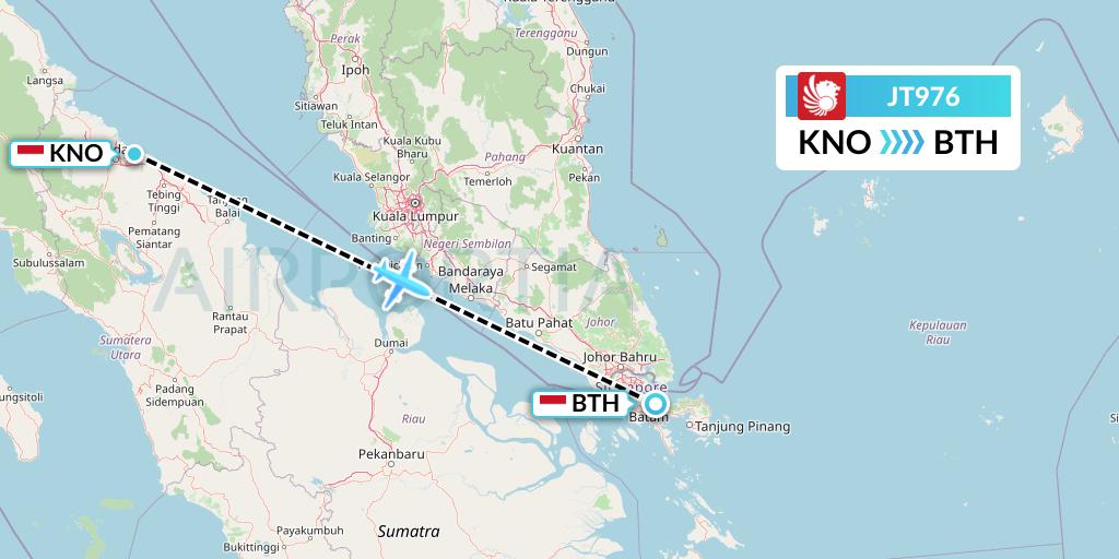 JT976 Lion Airlines Flight Map: Medan to Batam