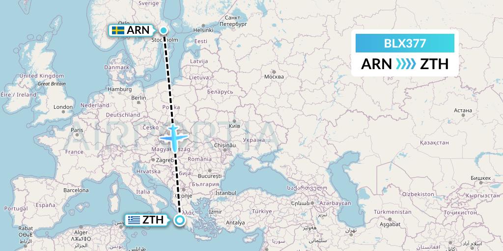 BLX377 TUI fly Nordics Flight Map: Stockholm to Zakynthos