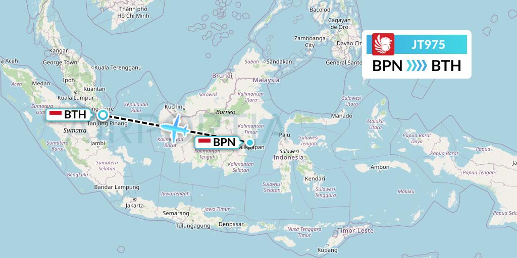 JT975 Lion Airlines Flight Map: Balikpapan to Batam