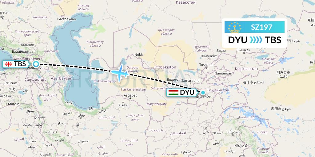 SZ197 Somon Air Flight Map: Dushanbe to Tbilisi