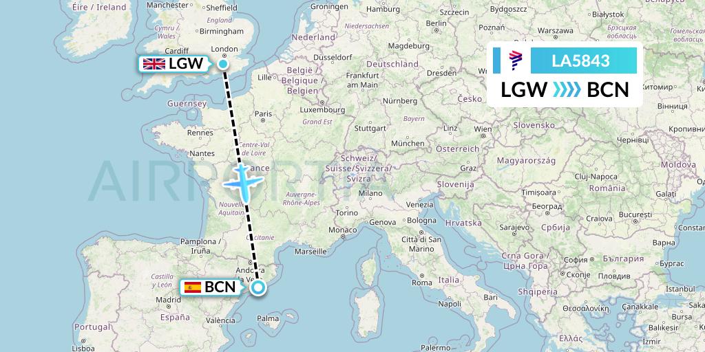 LA5843 LAN Airlines Flight Map: London to Barcelona