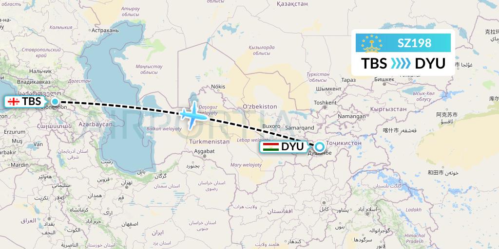 SZ198 Somon Air Flight Map: Tbilisi to Dushanbe