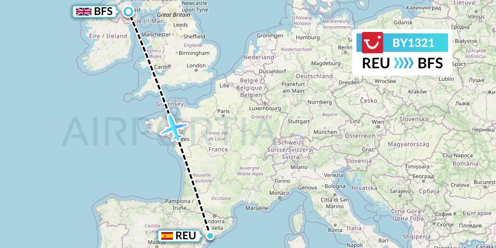 BY1321 TUI Airways Flight Map: Reus to Belfast