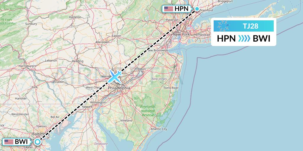 TJ28 Tradewind Aviation Flight Map: White Plains to Baltimore