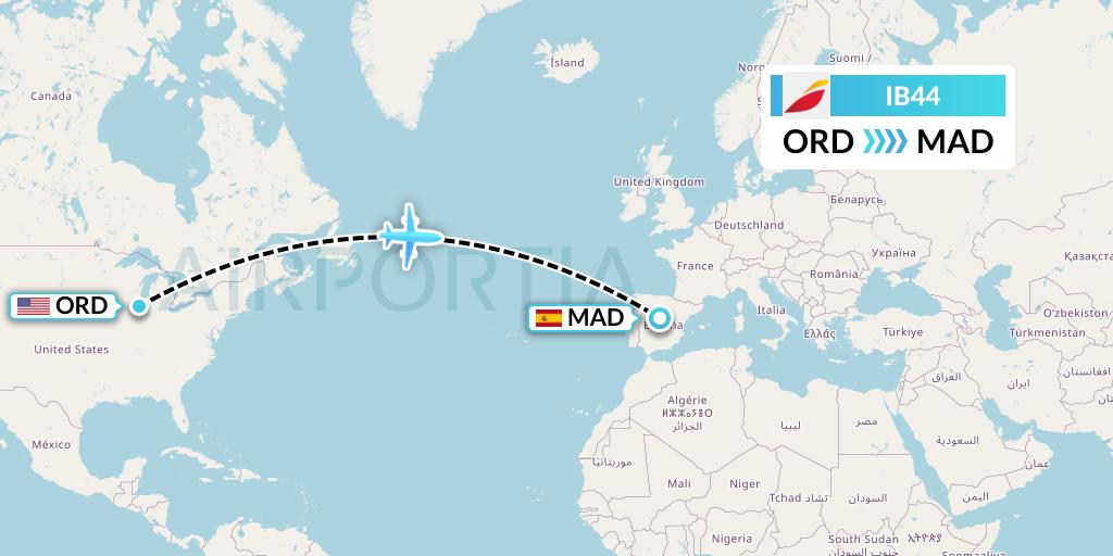 IB44 Iberia Flight Map: Chicago to Madrid