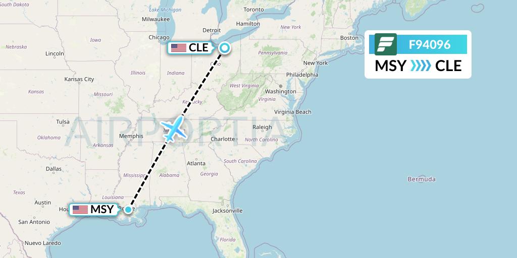 F94096 Frontier Airlines Flight Map: New Orleans to Cleveland