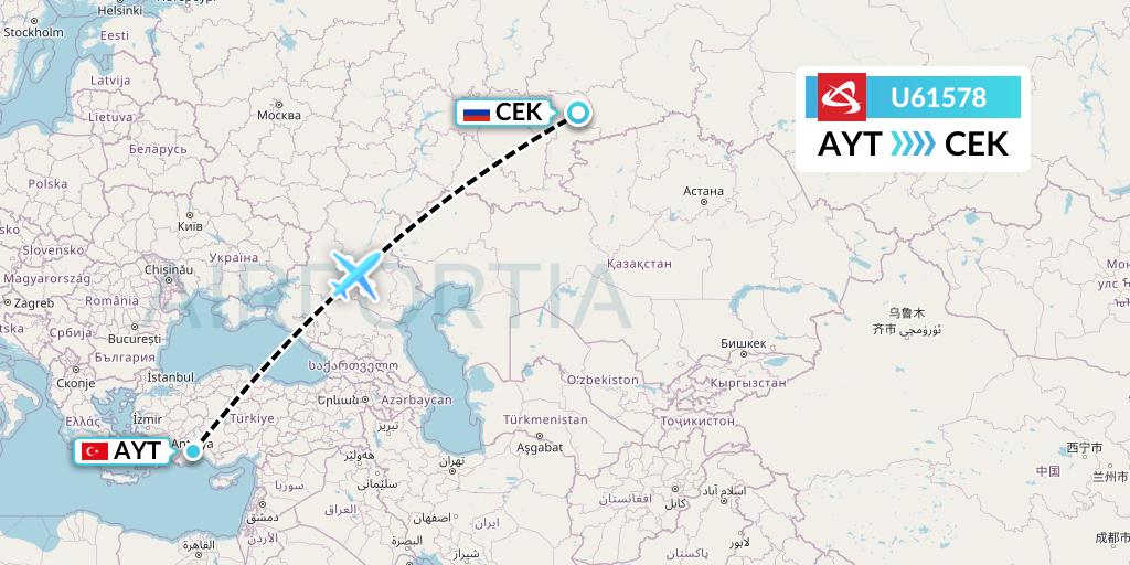 U61578 Ural Airlines Flight Map: Antalya to Chelyabinsk