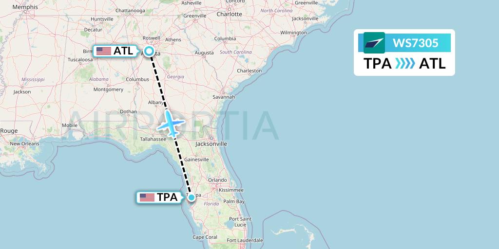 WS7305 WestJet Flight Map: Tampa to Atlanta