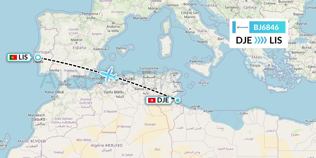 BJ6846 Nouvelair Tunisie Flight Map: Djerba to Lisbon