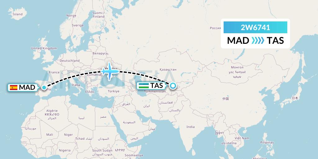 2W6741 World 2 Fly Flight Map: Madrid to Tashkent