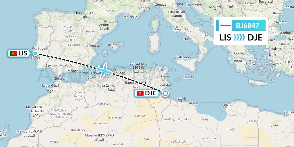 BJ6847 Nouvelair Tunisie Flight Map: Lisbon to Djerba