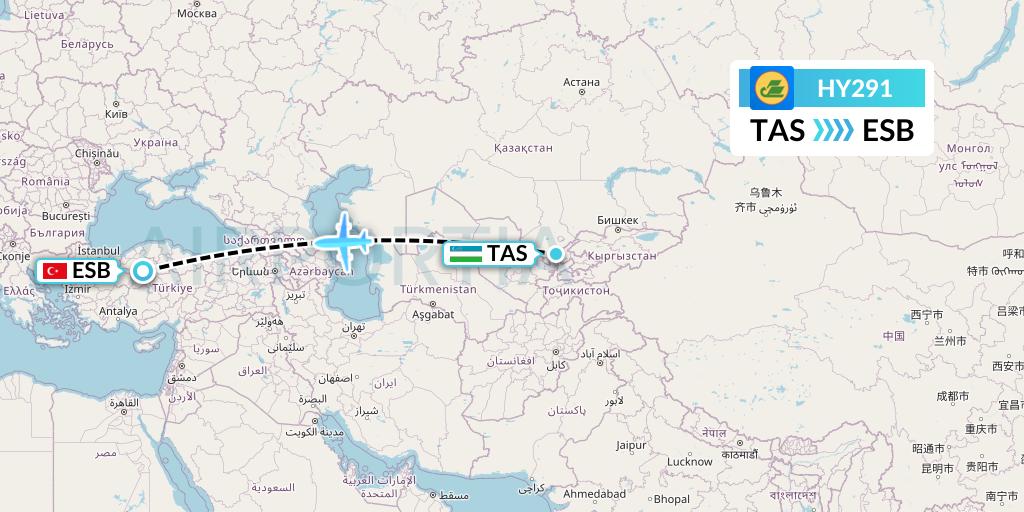 HY291 Uzbekistan Airways Flight Map: Tashkent to Ankara