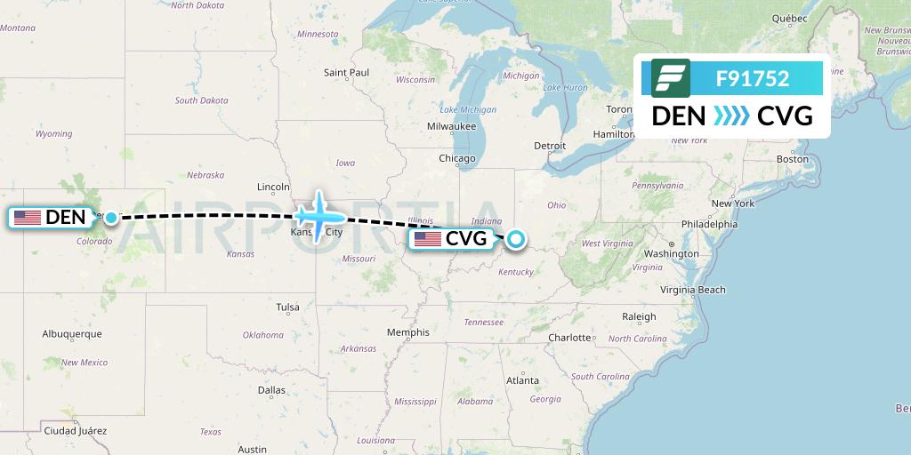 F91752 Frontier Airlines Flight Map: Denver to Cincinnati