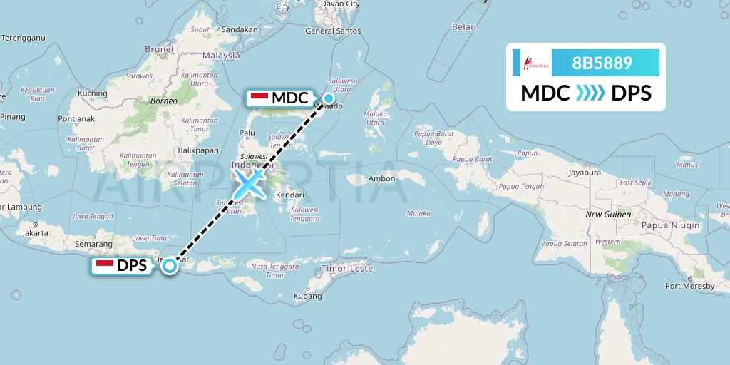 8B5889 TransNusa Flight Map: Manado to Denpasar