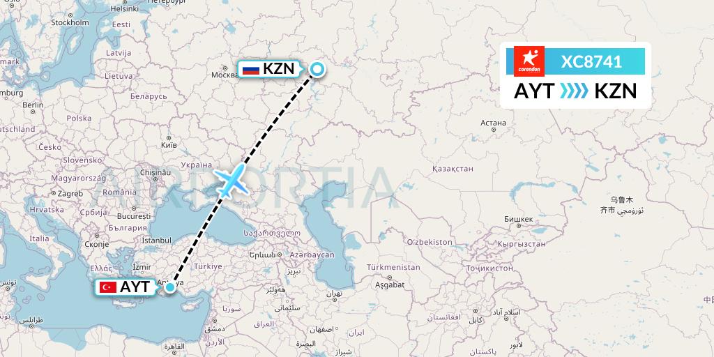 XC8741 Corendon Airlines Flight Map: Antalya to Kazan