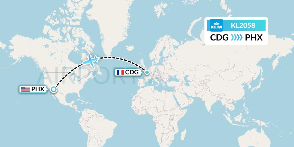 KL2058 KLM Flight Map: Paris to Phoenix