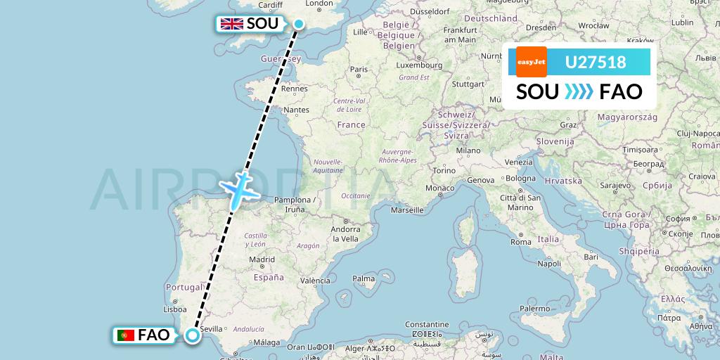 U27518 EasyJet Flight Map: Southampton to Faro