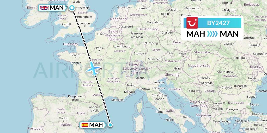 BY2427 TUI Airways Flight Map: Mahon to Manchester