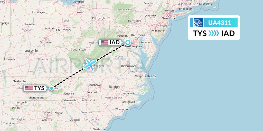 UA4311 United Airlines Flight Map: Knoxville to Washington