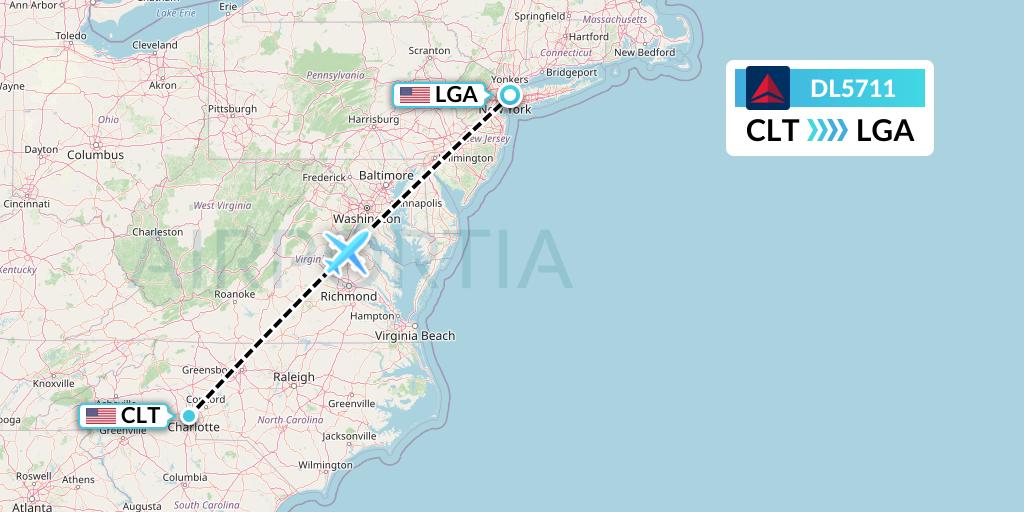 DL5711 Delta Air Lines Flight Map: Charlotte to New York