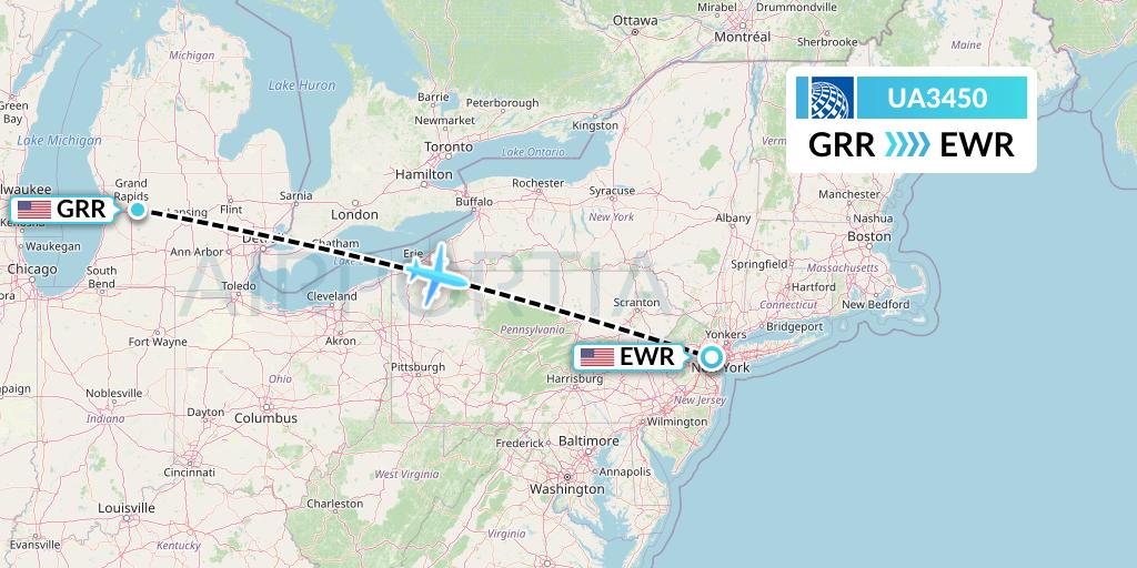 UA3450 United Airlines Flight Map: Grand Rapids to New York