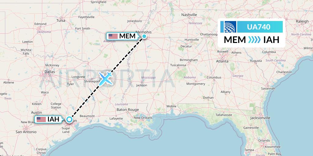 UA740 United Airlines Flight Map: Memphis to Houston