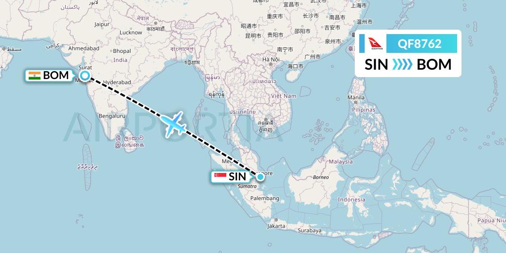 QF8762 Qantas Flight Map: Singapore to Mumbai