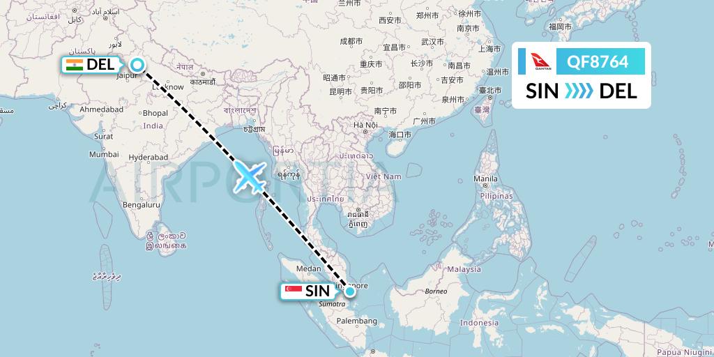 QF8764 Qantas Flight Map: Singapore to Delhi