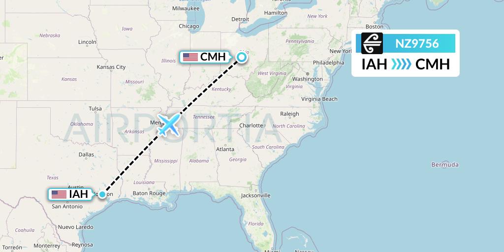 NZ9756 Air New Zealand Flight Map: Houston to Columbus