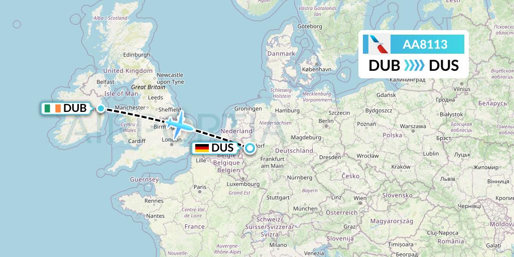 AA8113 American Airlines Flight Map: Dublin to Dusseldorf