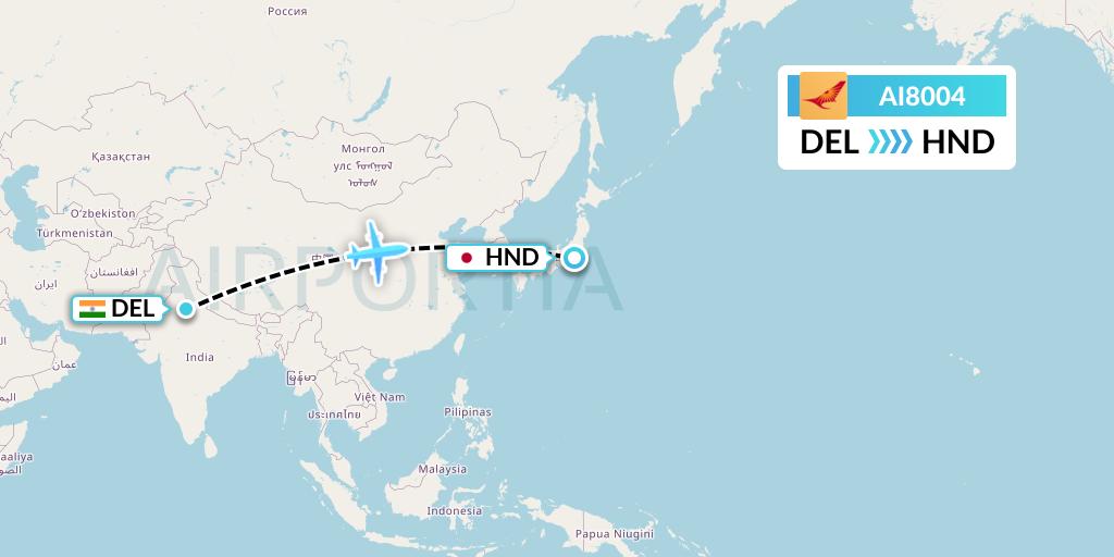 AI8004 Air India Flight Map: Delhi to Tokyo