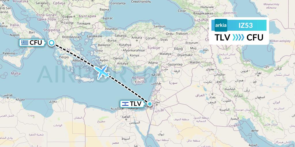 IZ53 Arkia Israeli Airlines Flight Map: Tel Aviv to Corfu