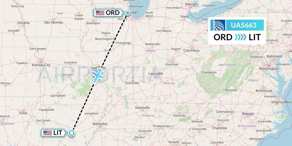 UA5663 United Airlines Flight Map: Chicago to Little Rock