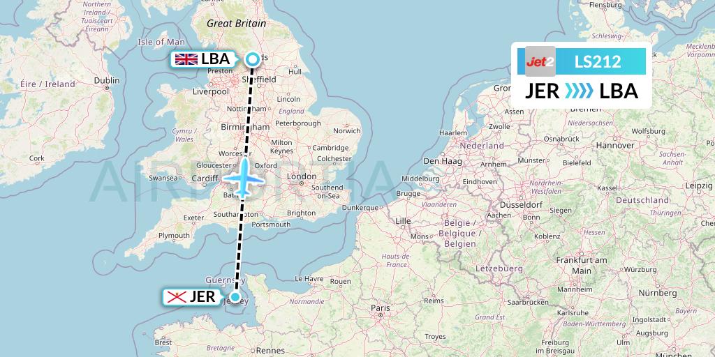 LS212 Jet2 Flight Map: Jersey to Leeds