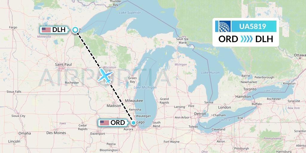 UA5819 United Airlines Flight Map: Chicago to Duluth