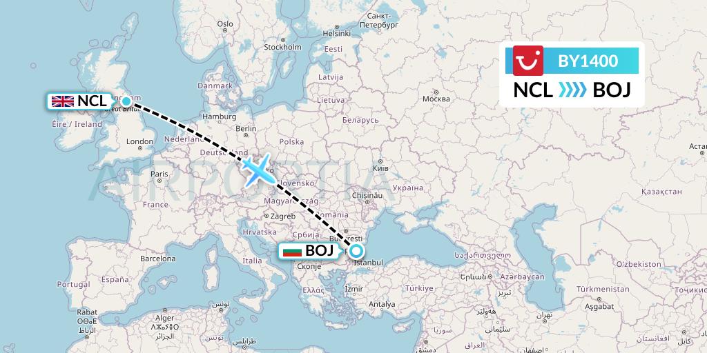 BY1400 TUI Airways Flight Map: Newcastle to Burgas