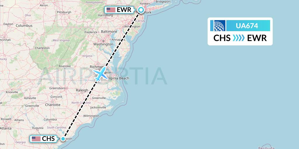 UA674 United Airlines Flight Map: Charleston to New York
