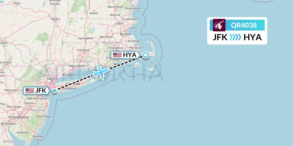 QR4038 Qatar Airways Flight Map: New York to Hyannis