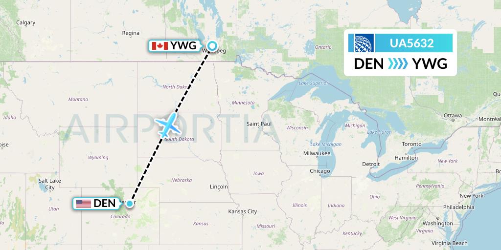 UA5632 United Airlines Flight Map: Denver to Winnipeg