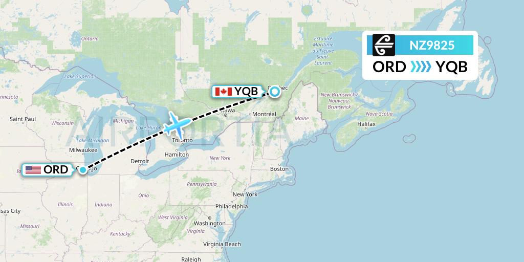 NZ9825 Air New Zealand Flight Map: Chicago to Quebec