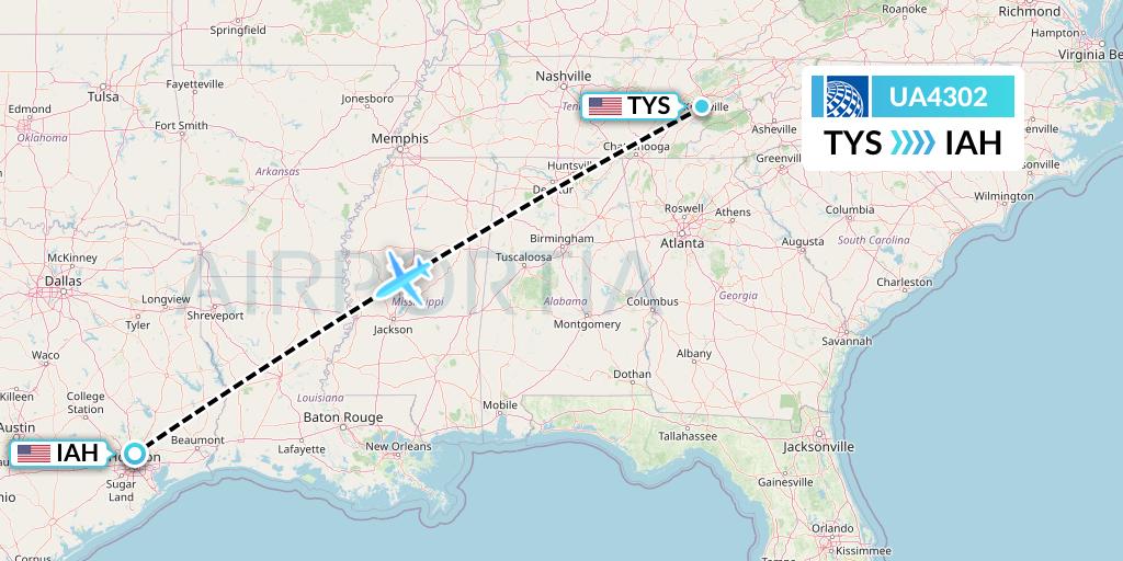 UA4302 United Airlines Flight Map: Knoxville to Houston