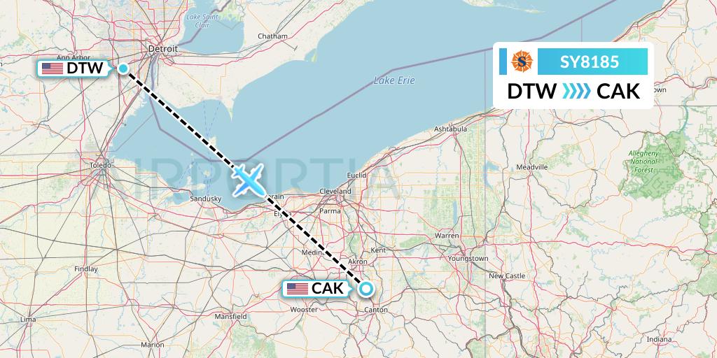 SY8185 Sun Country Airlines Flight Map: Detroit to Akron