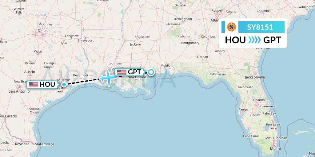 SY8151 Sun Country Airlines Flight Map: Houston to Gulfport