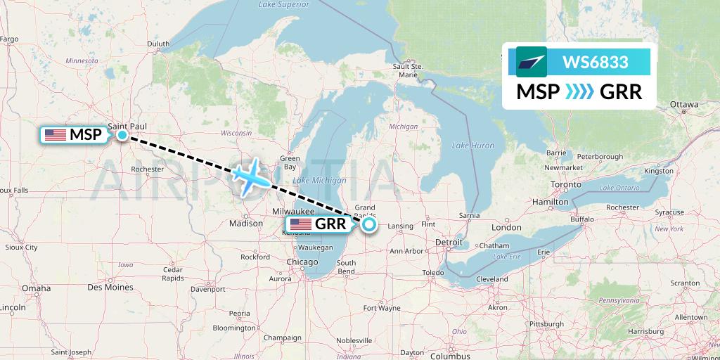 WS6833 WestJet Flight Map: Minneapolis to Grand Rapids