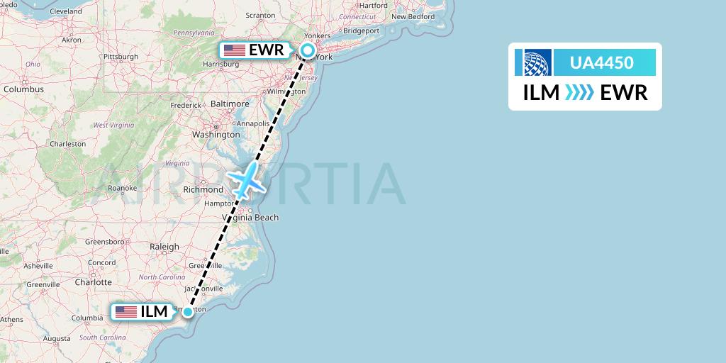 UA4450 United Airlines Flight Map: Wilmington to New York