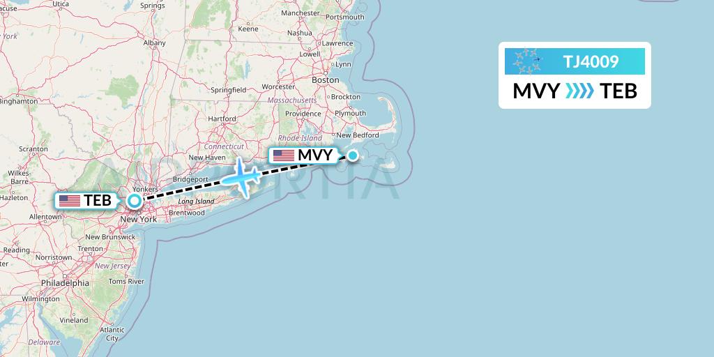 TJ4009 Tradewind Aviation Flight Map: Martha's Vineyard to Teterboro