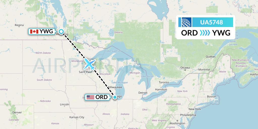 UA5748 United Airlines Flight Map: Chicago to Winnipeg